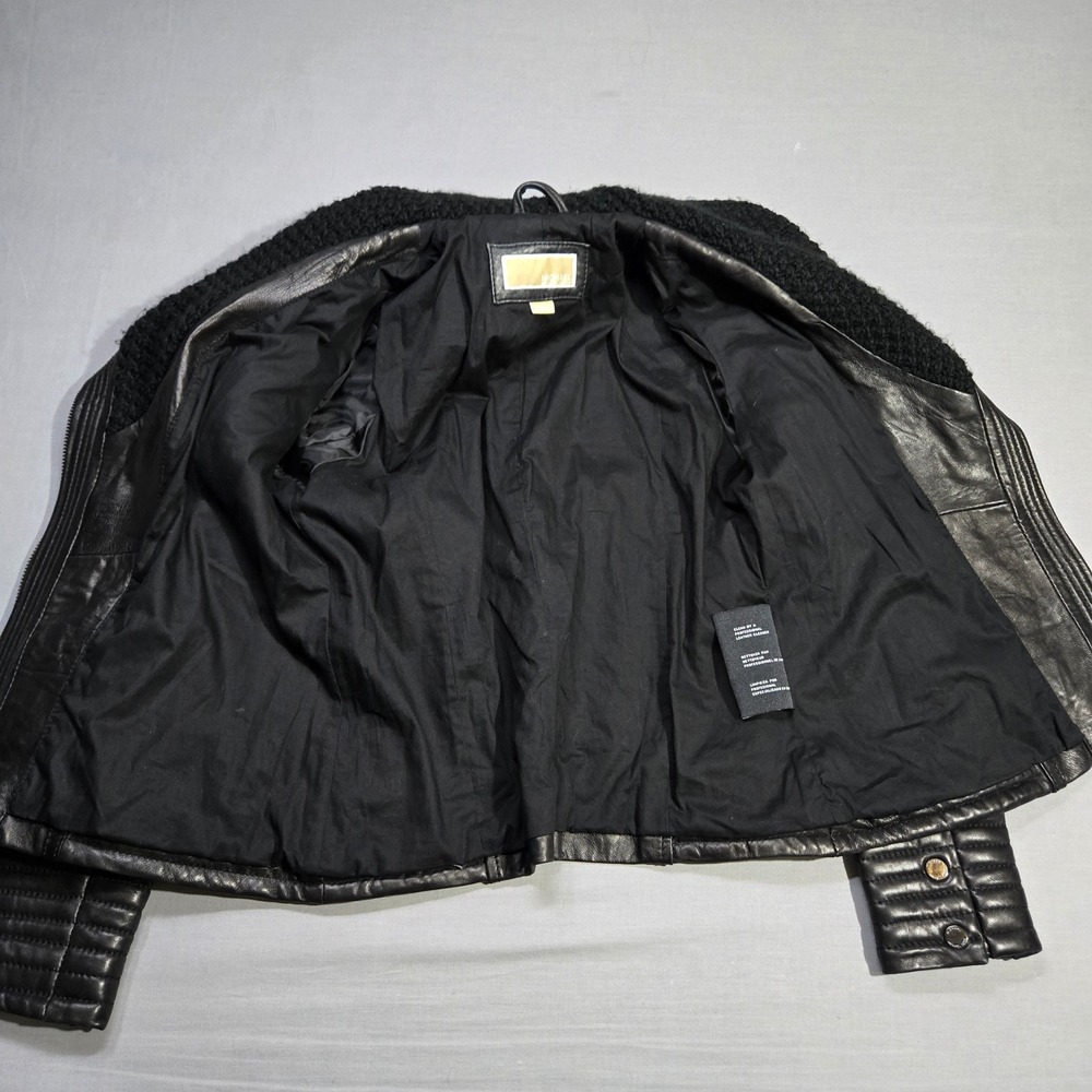 Michael Kors Real Leather Moto Jacket Small Black Asymmetrical‎ Knit Collar Punk - Picture 3 of 11